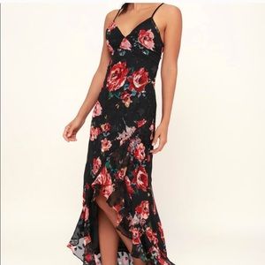 Lulus Love Stuck black floral ruffled maxi dress